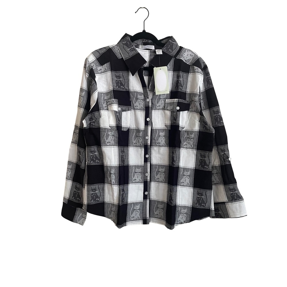 NWT Black White Plaid Cat Print Button Down Shirt Cotton Crazy Cat Lady Granny